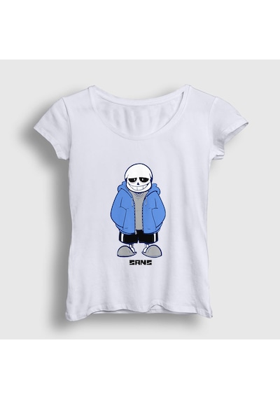 Presmono Kadın Blue Coat Sans Undertale T-shirt Beyaz