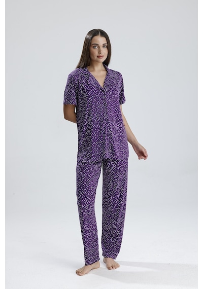 Kompedan Kadın Puantiye Desen Önden Düğmeli Pijama Takım Mor P. Mor