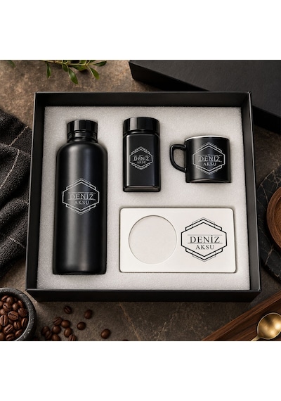 Bk Gift Kişiye Özel İsimli Siyah Cam Suluk & Kahve Fincanı & Türk Kahvesi & Mdf Bardak Altlığı - Hediye Kutulu Siyah Set-3