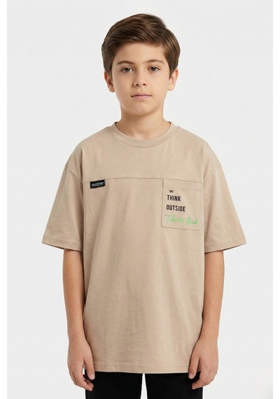 New Kids Think Outside Baskılı Pamuk Erkek Çocuk Tişört-91111 Bej