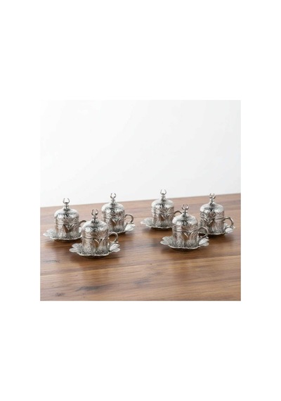 Türk Kahvesi Fincan Takımı Lale Desenli 6 Parça Metal Gümüş Lalezar Model