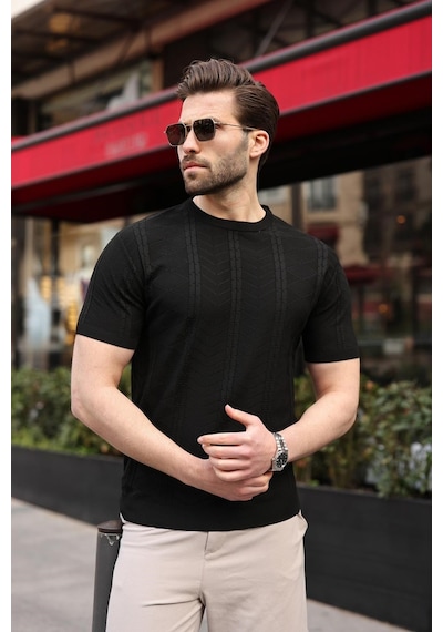 Siyah Bisiklet Yaka Slim Fit Triko Erkek Tişört E7466