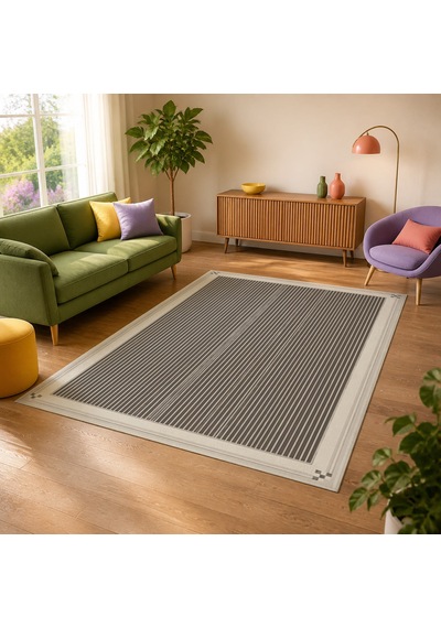 Kartela Halı İnce Çizgili Bordürlü Halı Açık Gri Kaymaz Taban Makinede Yıkanabilir 160x240 Cm