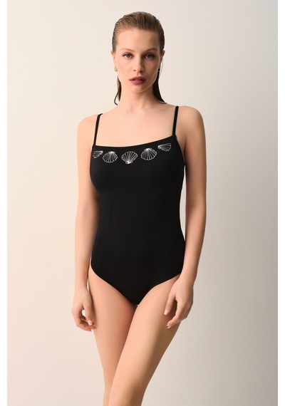Suwen Seashell Nakışlı Basic Mayo Sb26135012012 Siyah
