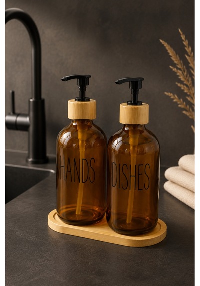 Relly Bambu Standlı İkili Cam Sabunluk Seti 2 X 500 Ml Hands & Dıshes Amber