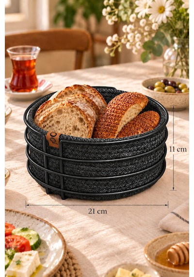 Siyah Yuvarlak Ekmek Sepeti, Ekmeklik Sunum Sepeti, Antrasit Gri Makrome Çok Amaçlı Paslanmaz Metal Renkli