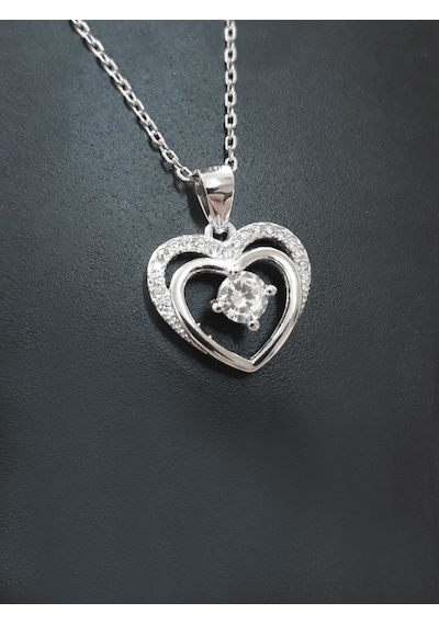 Brezza Lusso Jewelry Gümüş Çift Kalp Tektaş Kadın Gümüş Kolye 45 CM