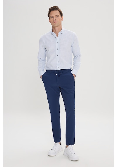 AC&Co / Altınyıldız Classics Erkek Lacı Slim Fit Dar Kesim Beli Bağlamalı Yan Cep Gofre Desenli Pantolon Lacivert