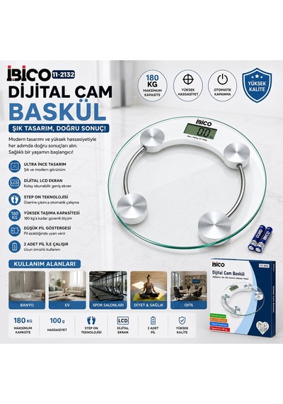 İbico İ11-026 Cam Banyo Baskül Terazi Tartı 30x30cm 180kg/0.1g Pilli Dijital Yuvarlak Lcd Ekran Diğer