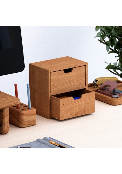 Desna İki Katlı İki Çekmeceli Mini Dolap - Kiraz 18 Cm Uzunluk X 12.1 Cm Derinlik X 18.4 Cm Woodsaka Doğal Ahşap