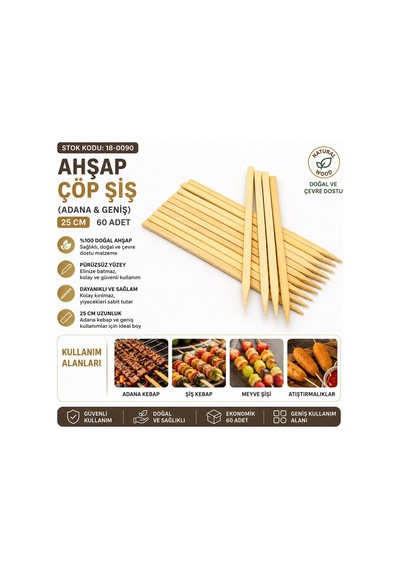 60 Adet 25 Cm Ahşap Geniş Mangal Ve Kebap Şişi Seti