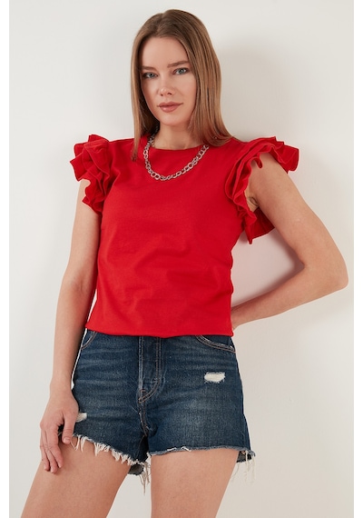 Lela Pamuklu Kolları Fırfırlı Slim Fit Bisiklet Yaka Bayan T Shirt 5864500 Kırmızı
