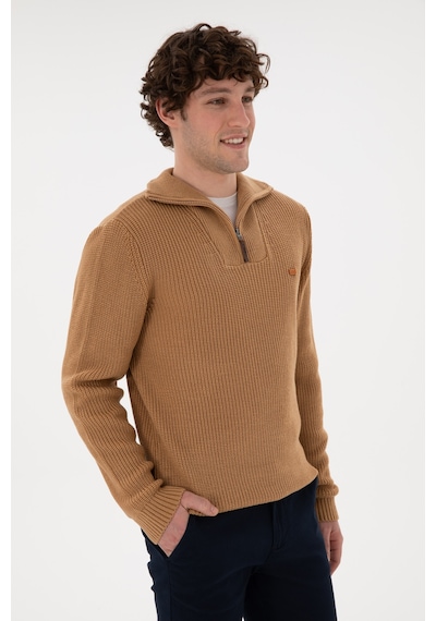 U.S. Polo Assn. Erkek Regular Fit Yarım Fermuarlı Camel Kazak 50297047-VR015