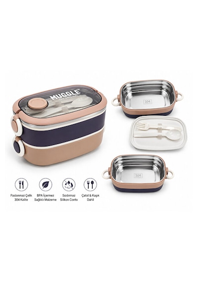 Muggle Çelik Paslanmaz Lunch Box 2 Katlı Beslenme Kabı Çatal Kaşık Dahil Pembe