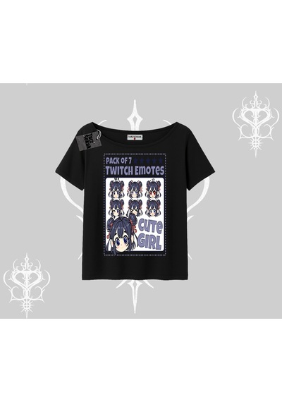 Startmore Startmore Kayık Yaka Tshirt Twitch Emotes Cute Girl Anime Expression Siyah