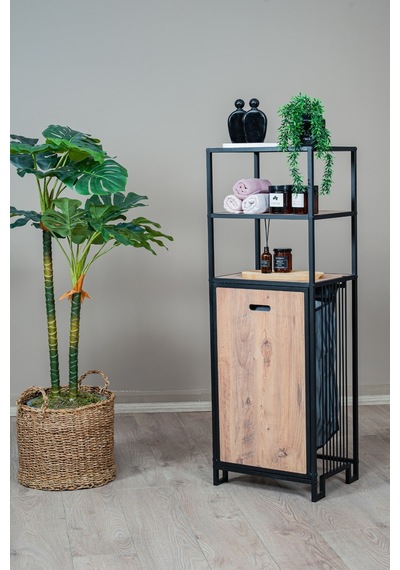 Kirli Sepetli Banyo Dolabı 3 Raflı Metal Düzenleyici Modern Çamaşır Sepetli Organizer Raf Siyah