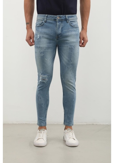 Erkek Skinny Ripped Jean Açık Mavi Koyu Mavi