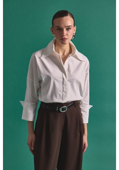 Sateen Düğme Detaylı Gömlek - Ekru-137151 ekru
