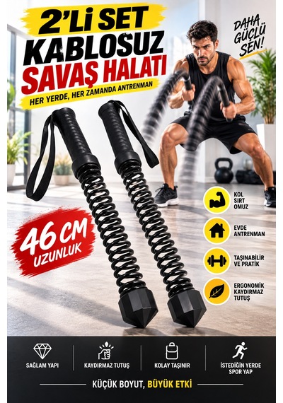 2'li Set 46 Cm Kablosuz Savaş Halatı Yaylı Egzersiz Aleti Evde Fitness Ergonomik Bilek Askılı Sporcu Siyah