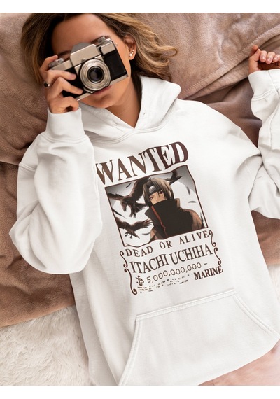 Sevbano Wanted Itachi Uchiha Baskılı Unisex Oversize Naruto Anime Hoodie beyaz