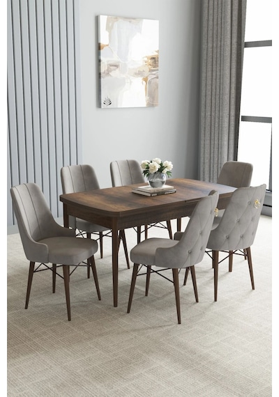 Zümra Serisi, Barok Ahşap Desen 80x132 Açılabilir Mdf Mutfak Masası Takımı 6 Adet Sandalye, Gri Zümra Serisi, Barok Ahşap Desen 80x132 Açılabilir Mdf Mutfak Masası Takımı 6 Adet Sandalye, Gri