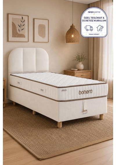 Niron Bohem Nms Klapa 80x180 Cm Tek Kişilik Yatak Baza Başlık Seti - Nms Sert Ortopedik 80 x 180