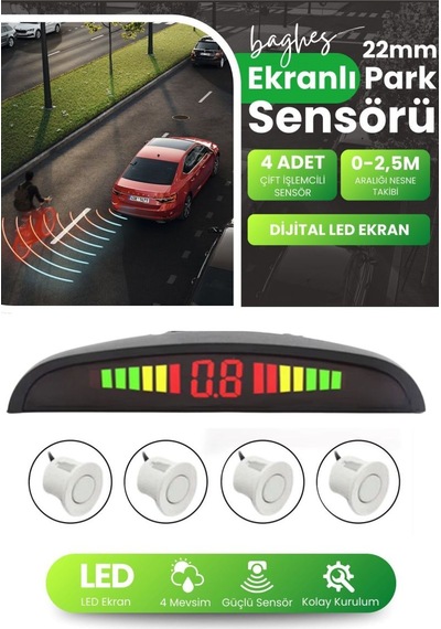 Dijital Ekranlı Sesli Araç Park Sensörü 22 Mm Beyaz Göz, Sesli Uyarı