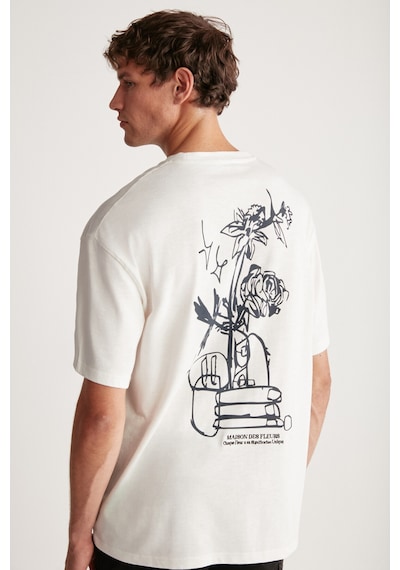 Grımelange Alonzo Erkek Oversize Fit %100 Pamuk Nakışlı Ve Baskılı Ekru T-shirt Ekru