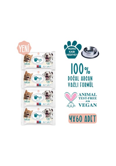 Pet Love Evcil Hayvan Temizleme Mendili Doğal Argan Yağlı 4 x 60 Adet
