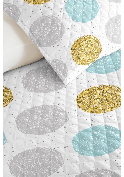 Geometrik Puantiyeli Genç Odası Tek Kişilik Pike Takımı - Gri Mint 160x220 Cm Kapitone Yatak Örtüsü Ilık Dal Aralığı