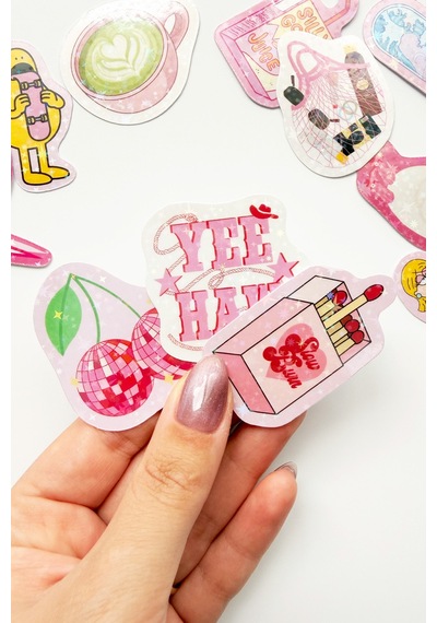Pembe Renk Temalı Hologram Stickerlar 21 Adet Sticker Paketi Suya Dayanıklı Laptop Termos Telefon Etiket Seti