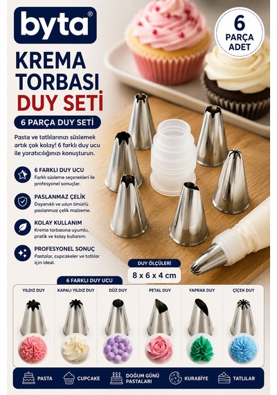 6'lı Paslanmaz Çelik Krema Sıkma Duyu Seti Pasta, Cupcake Ve Tatlı Süsleme Uçları Diğer