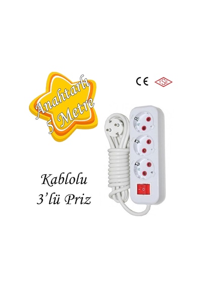 Anahtarlı Kablolu 3 Lü Topraklı Çoklu Grup Priz Çoğaltma Üçlü Fiş Piriz 5 Metre