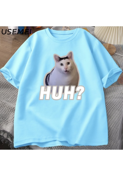 Flood Of Style Ha Kedi Meme T Shirt Komik Sevimli Kedi Grafik T Shirt Unisex Moda T-shirt Yaz Çiftler Rahat Mavi