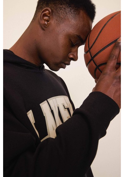 DeFactoFit NBA Los Angeles Lakers Oversize Geniş Kalıp Kapüşonlu Skuba Dalgıç Kumaş Sweatshirt D6709AX25SPBK82