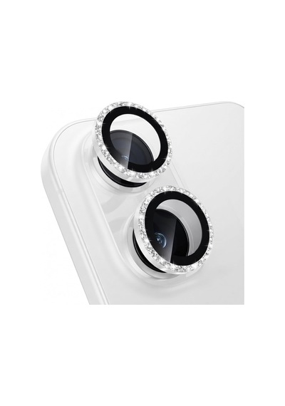 İphone 16/16 Plus İle Uyumlu Elmas Kaplı Taşlı Kamera Lens Koruyucu Alüminyum Alaşım Çerçeveli Telefon Lensi Temperli Cam Koruma Beyaz