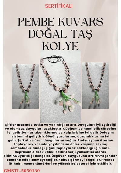 Sertifikalı Pembe Kuvars Doğal Taş El Yapımı Tasarım Kolye Çok REnkli