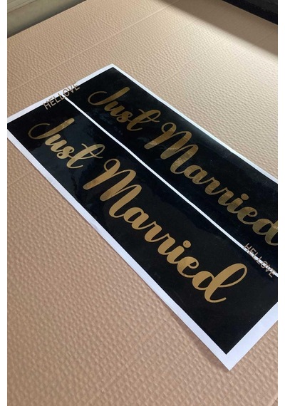Gelin Arabası Plakalık Just Married Yazılı Siyah Üzeri Gold Yazı Kendinden Yapışkanlı