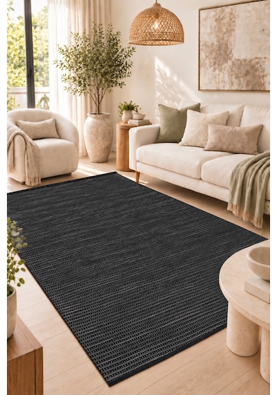 Vivanni Home Şönil Kilim Salon Oturma Çocuk Odası Banyo Halısı Mutfak Halısı Balkon Halısı Yıkanabilir Kaymaz Tabanlı Yolluk Çizgili Antrasit