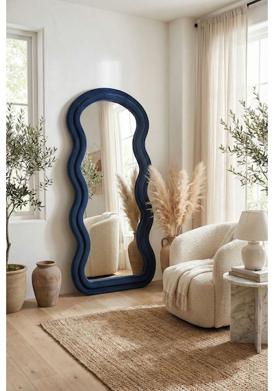 Ayaklı Kumaşlı Boy Aynası - Modern Dalgalı Tasarım Büyük Boy Ayna 182x87 Cm Siyah