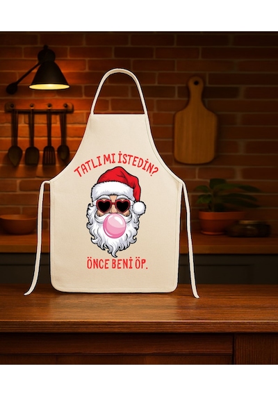 Yılbaşı Mutfak Önlüğü Yeni Yıl Noel Baba Beni Öp Tasarımlı Önlük Çok Renkli
