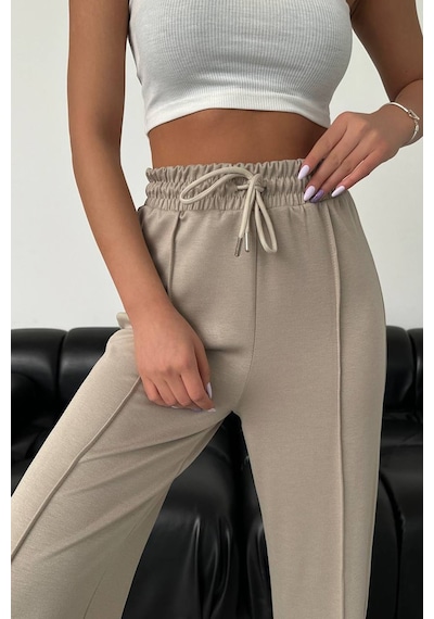 Neşeli Butik Kadın Bej Modal Kumaş Bol Paça Pantolon Nbg003