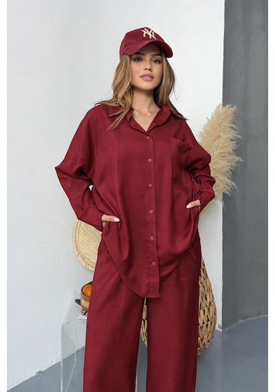 Balenbi Oversize Gömlek Bol Paça Pantolonlu Rahat Kesim Kadın İkili Takım 1201 Bordo