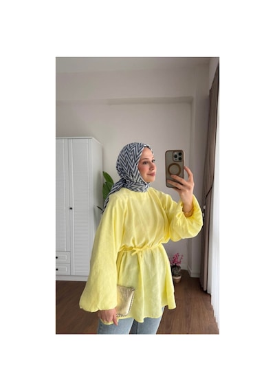 Moonsc Kadın Balon Kol Bel Bağlamalı Pamuklu Standart Beden Sarı Tesettür Tunik