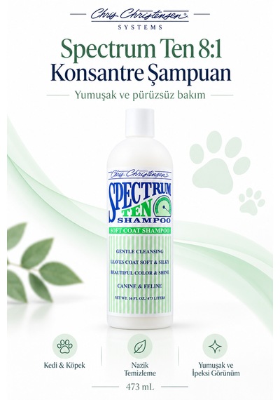 Chris Christensen Sp Ten 8:1 Konsantre Yumuşak Ve Pürüzsüz Köpek Ve Kedi Şampuanı 473 Ml