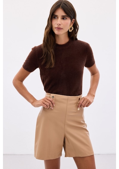 Sateen Sakallı Kısa Kol Triko - Kahve-136508 Kahve