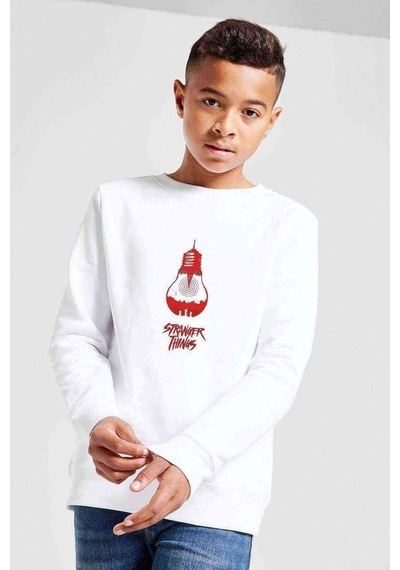 Tshirthane Stranger Things Ampul Baskılı Unisex Çocuk Beyaz Sweatshirt Beyaz