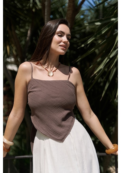 Mai Collection Mai Studios Co. Kita Üçgen Detay Çizgili Kahve Keten Crop Kahve