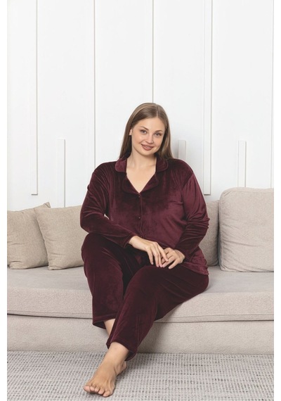 Büyük Beden Boydan Düğmeli Kadife Pijama Takımı Bordo