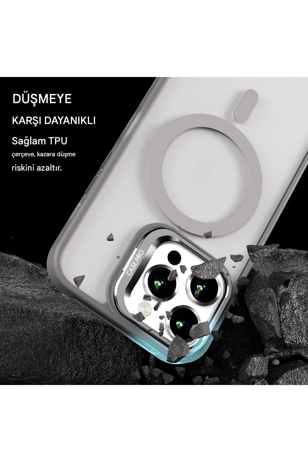 İphone 12 Uyumlu Magsafe Kılıf Mıknatıslı Standlı Darbeye Dayanıklı Mat Şeffaf Arka Kapak Lens li gri